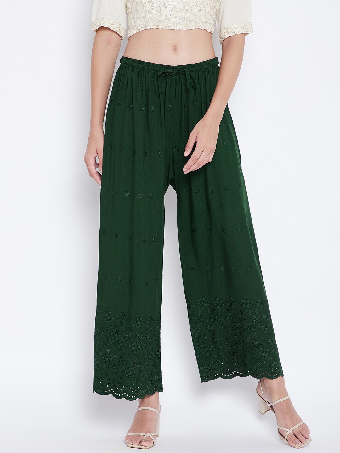 

Clora Creation Women Green Floral Embroidered Knitted Palazzos