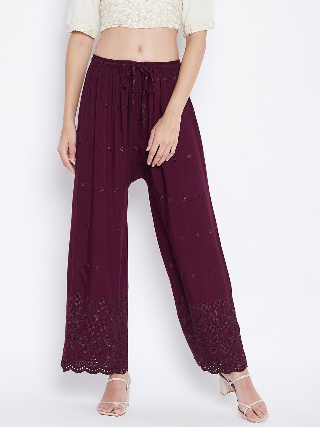 

Clora Creation Women Burgundy Floral Embroidered Chikankari Knitted Palazzos