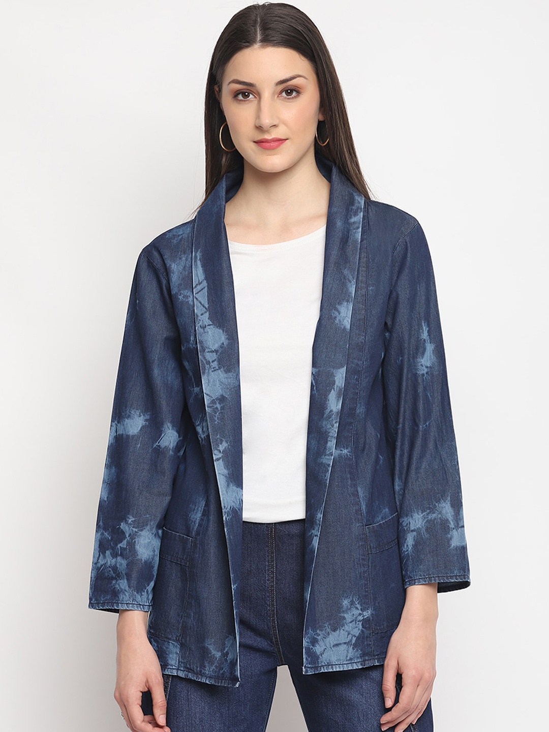 

OTORVA Women Blue Navy Tie and Dye Cotton Longline Open Front Jacket