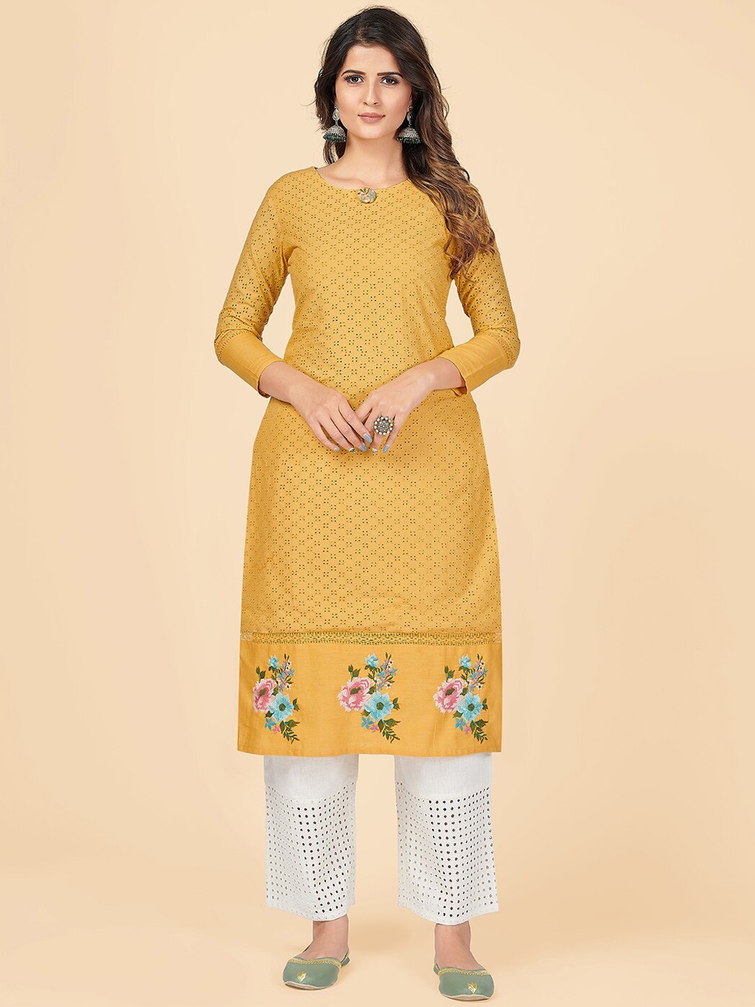 

Vbuyz Women Yellow Ethnic Motifs Cotton Printed Chikankari Kurta