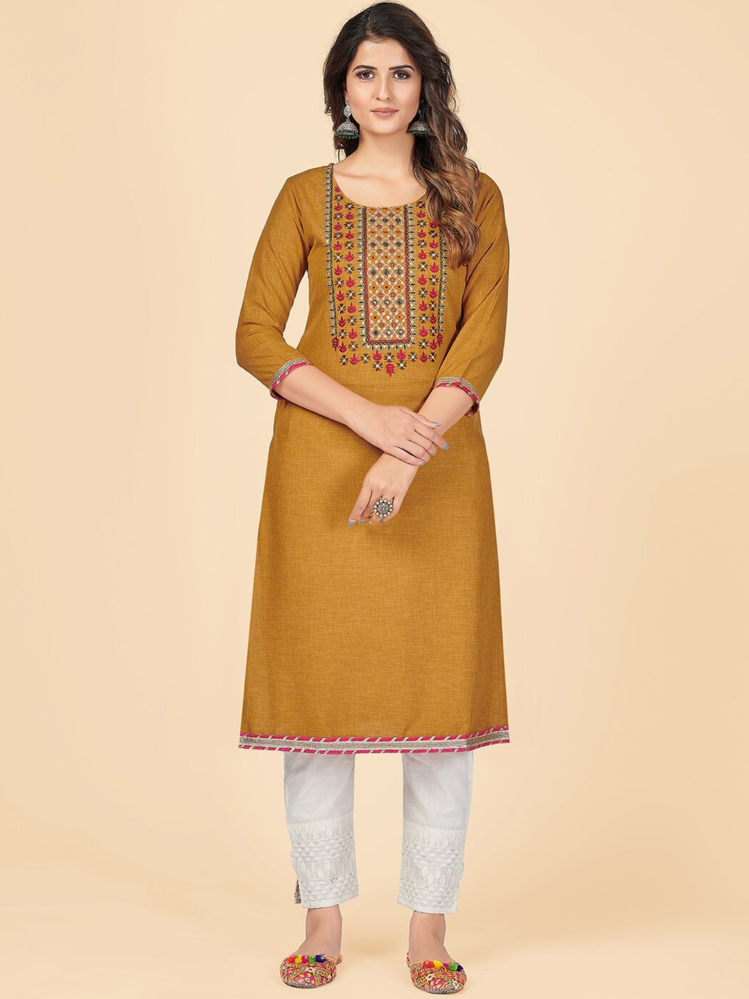

Vbuyz Women Mustard Yellow Embroidered Cotton Kurta