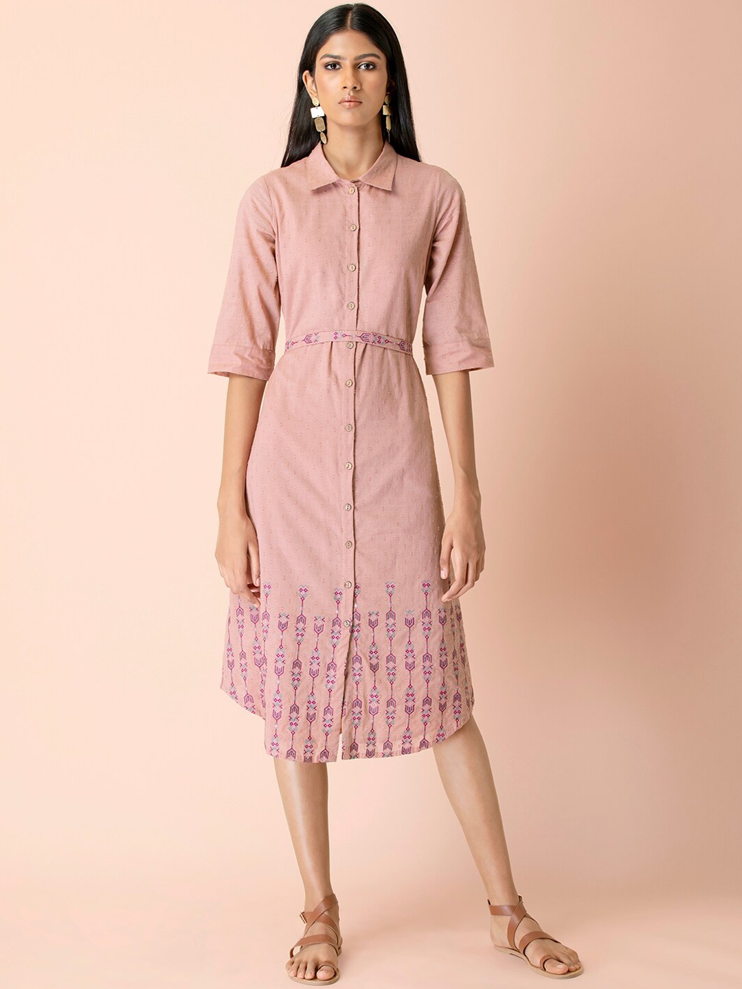 

INDYA Pink Embroidered Belted Shirt Dress