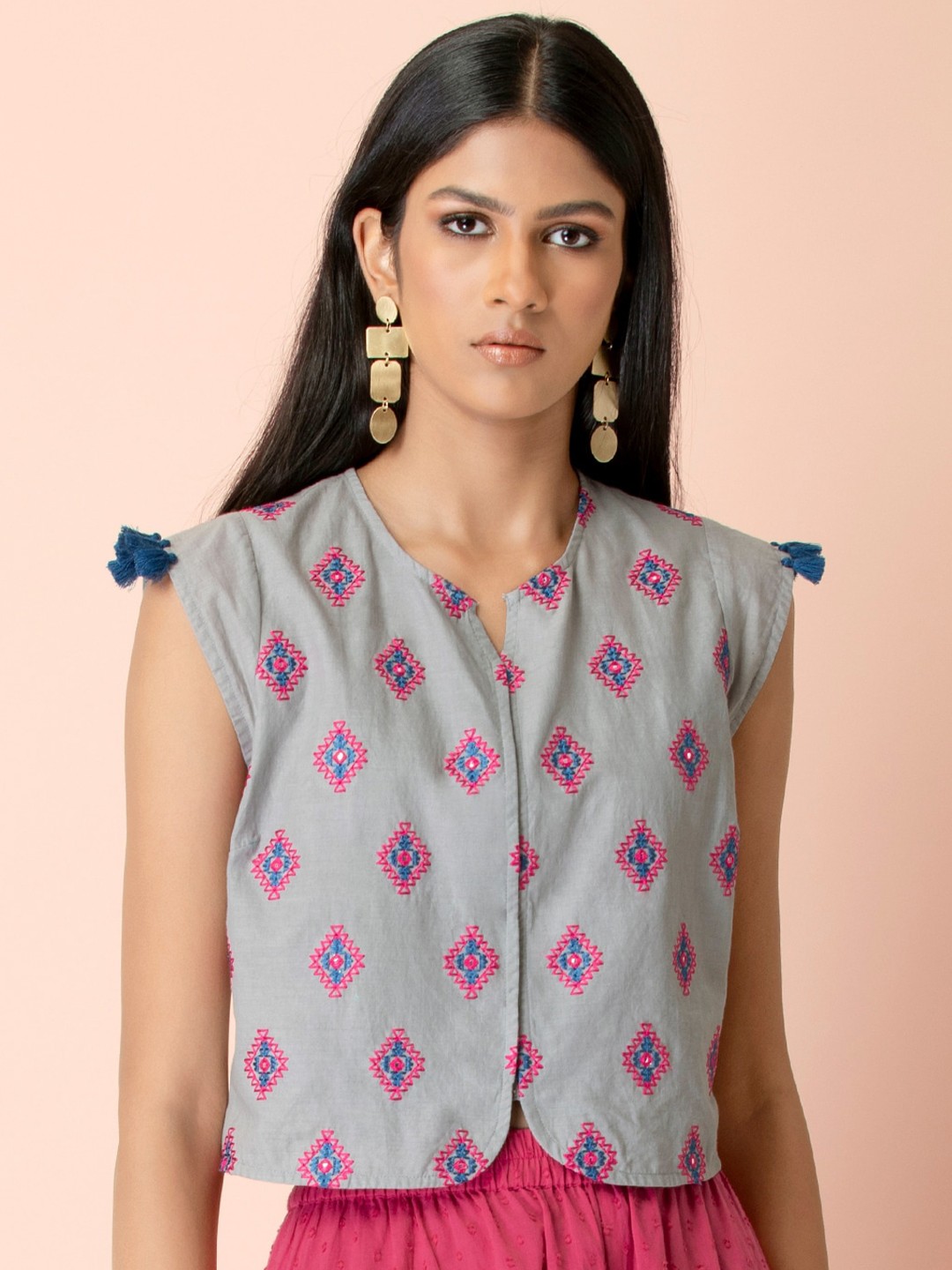 

INDYA Grey & Pink Tasselled Embroidered Top
