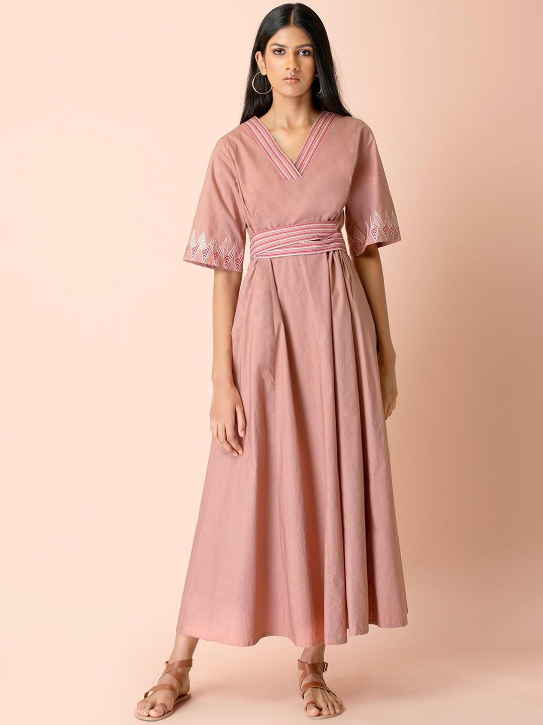 

INDYA Pink Embroidered Tie Waist Maxi Dress