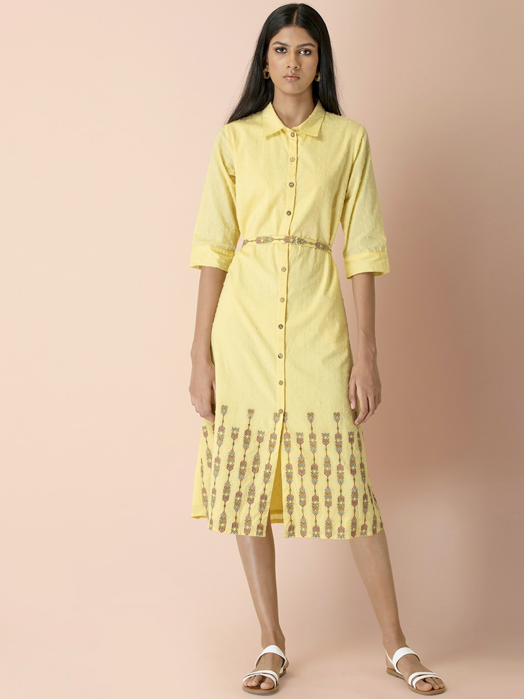 

INDYA Yellow Embroidered Belted Shirt Dress