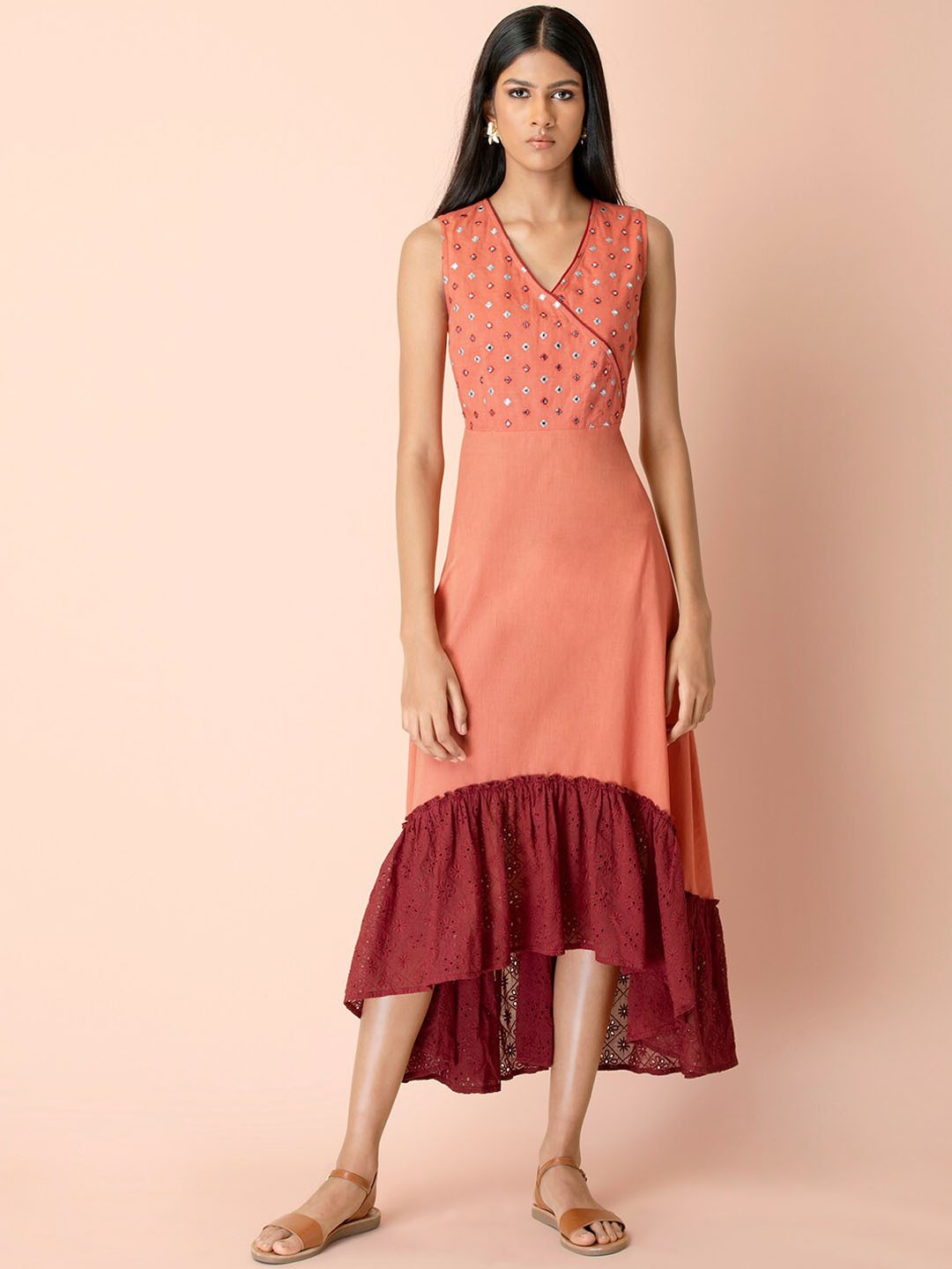 

INDYA Peach Colorblock Mirror High Low Dress