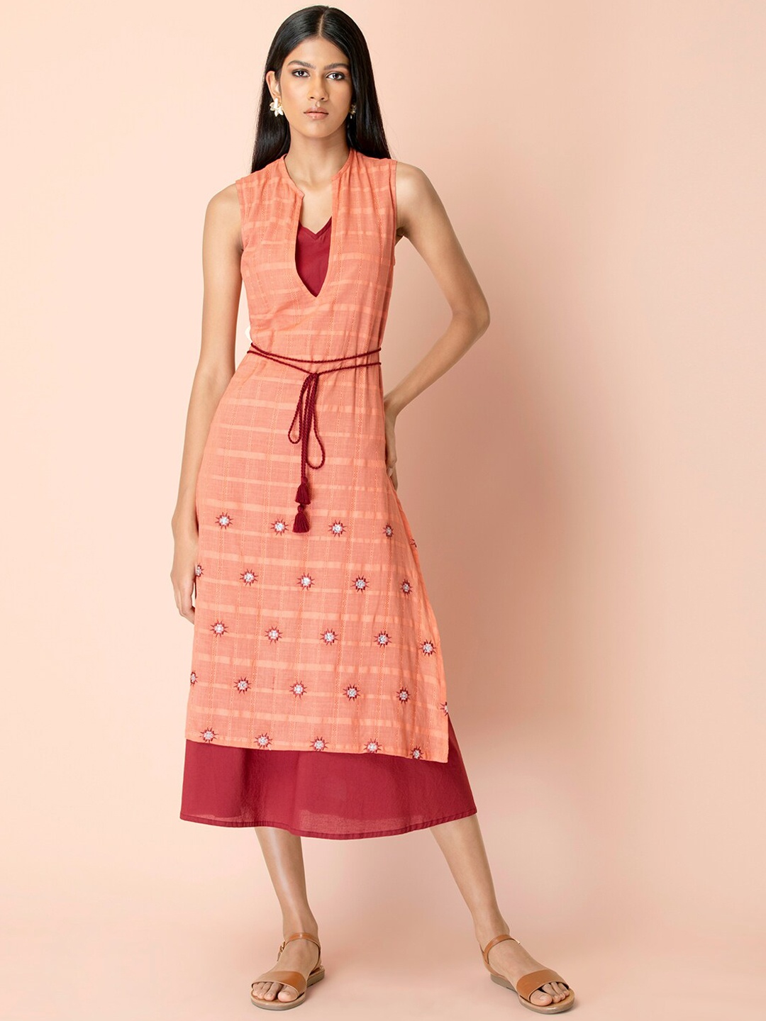 

INDYA Peach & Maroon Embroidered Layered Dress