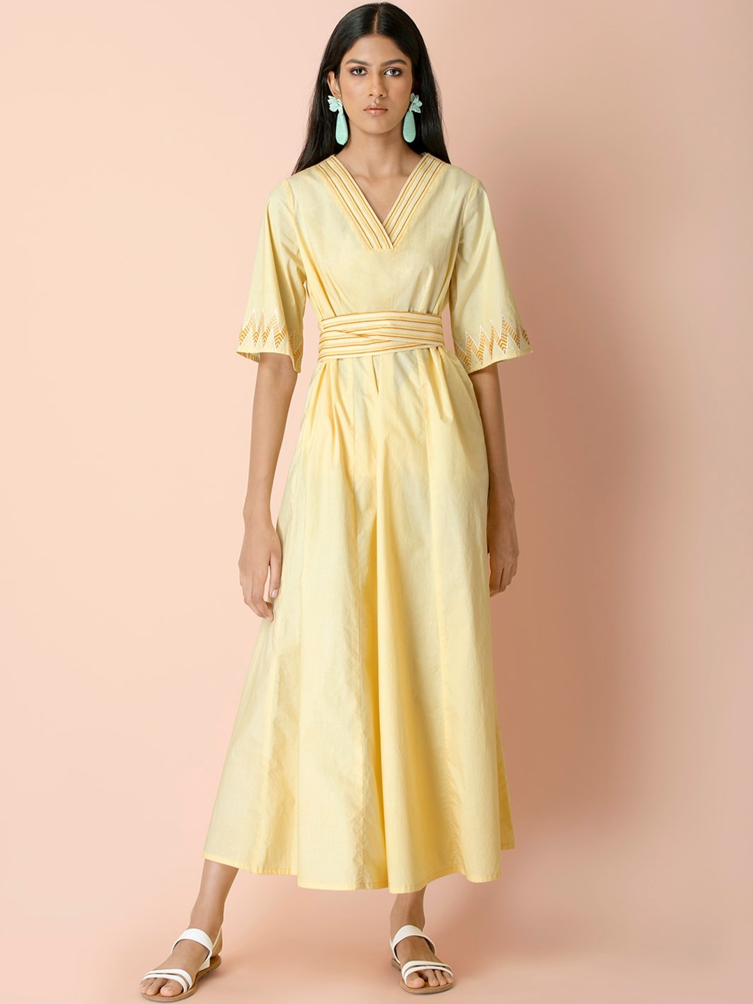 

INDYA Yellow Embroidered Tie Waist Maxi Dress