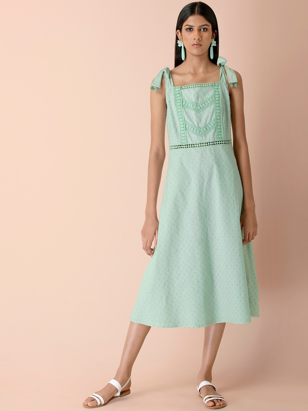 

INDYA Green Tie Shoulder A-Line Dress