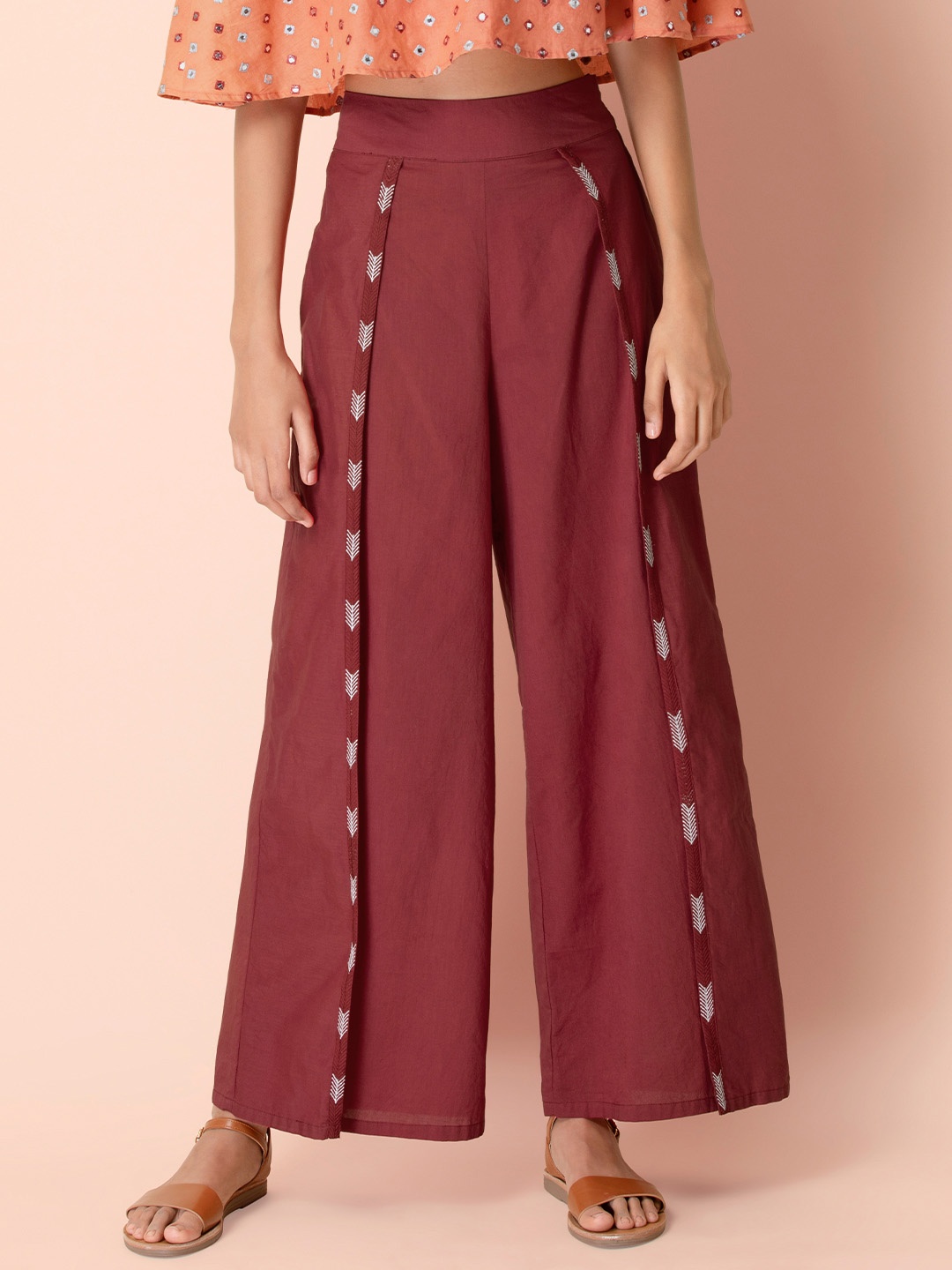 

INDYA Women Maroon Embroidered Flap Flared Trosures