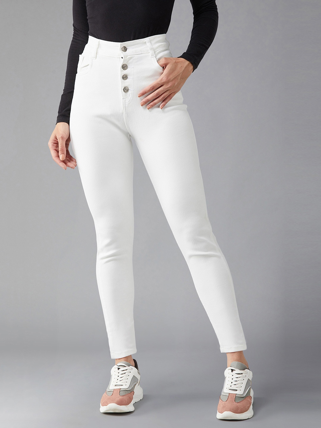 

DOLCE CRUDO Women White Skinny Fit High-Rise Stretchable Jeans