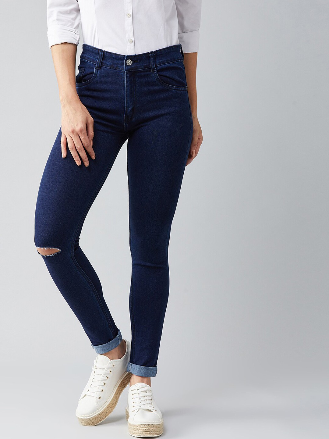 

DOLCE CRUDO Women Navy Blue Skinny Fit Slash Knee Jeans
