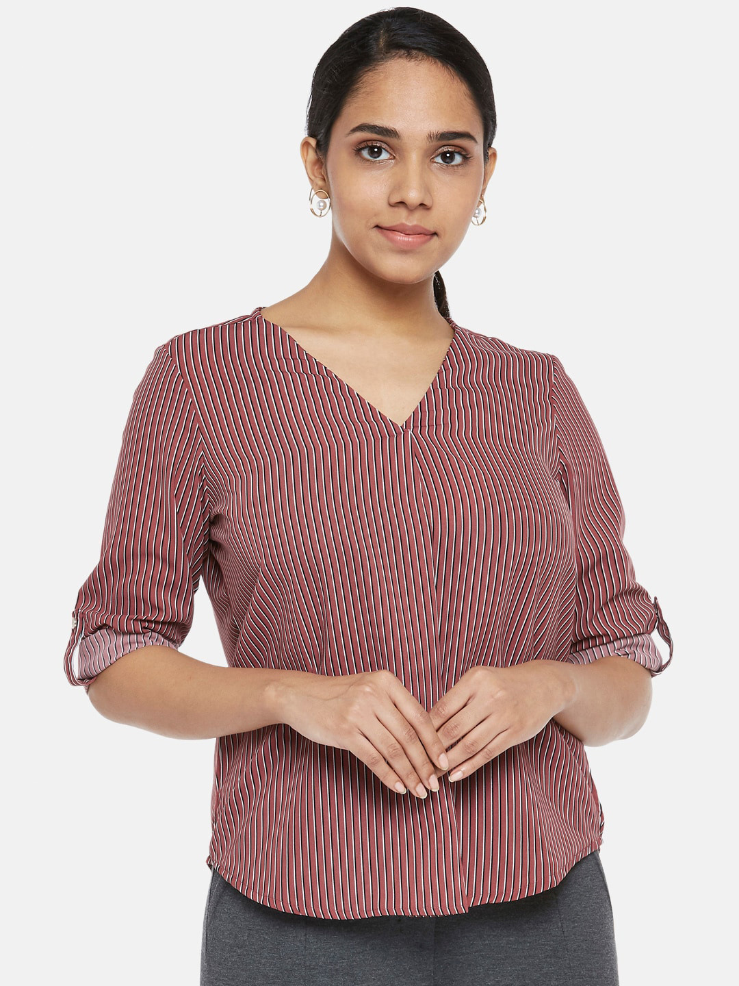 

Annabelle by Pantaloons Rust Striped Roll-Up Sleeves Shirt Style Top