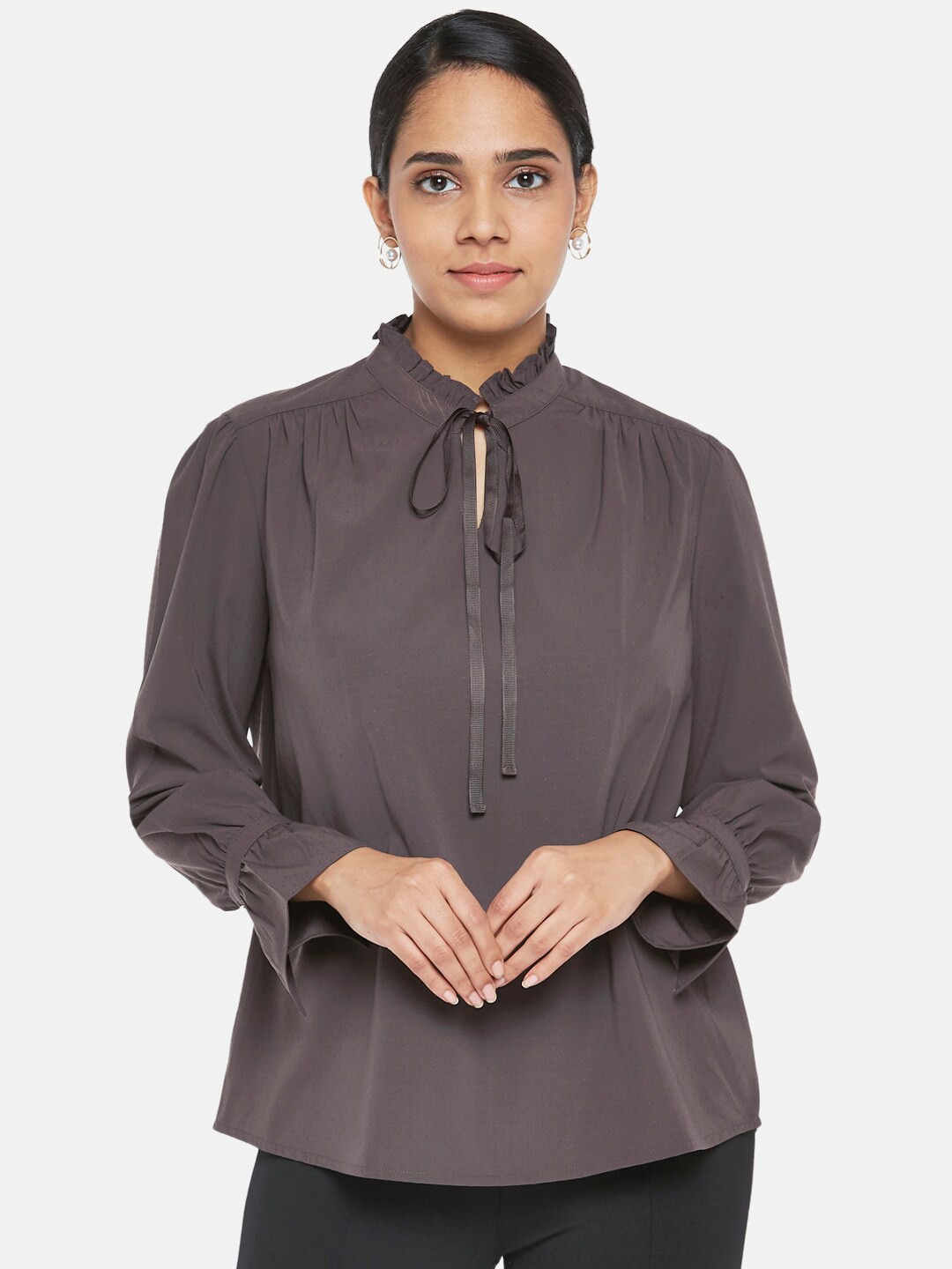 

Annabelle by Pantaloons Grey Tie-Up Neck Shirt Style Top