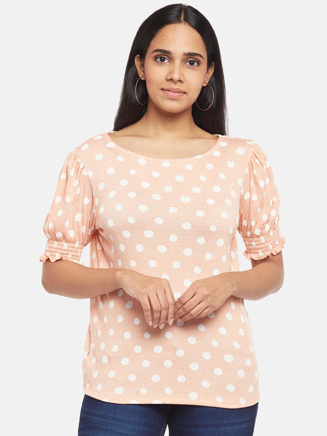 

Honey by Pantaloons Peach-Coloured Polka Dots Printed Blouson Top