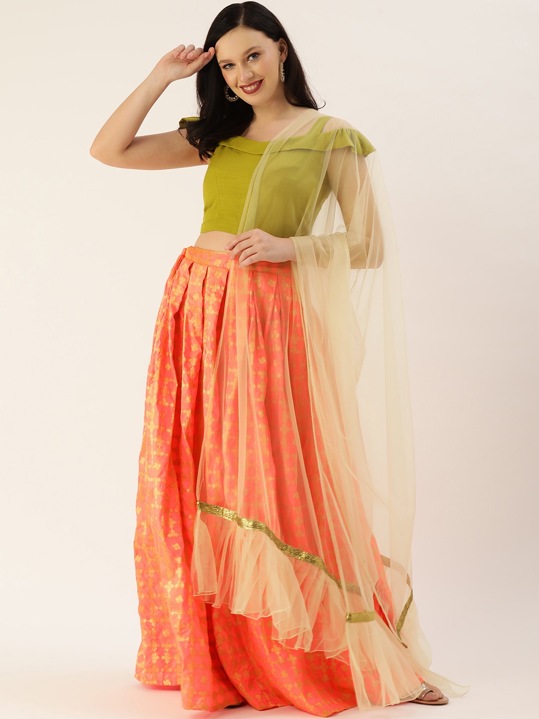 

Ethnovog Mustard Orange Made to Measure Lehenga Blouse With Dupatta