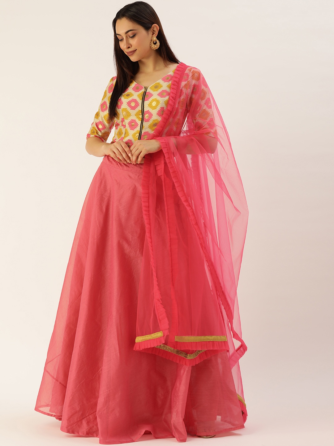 

Ethnovog Off White Pink Made to Measure Lehenga Blouse With Dupatta