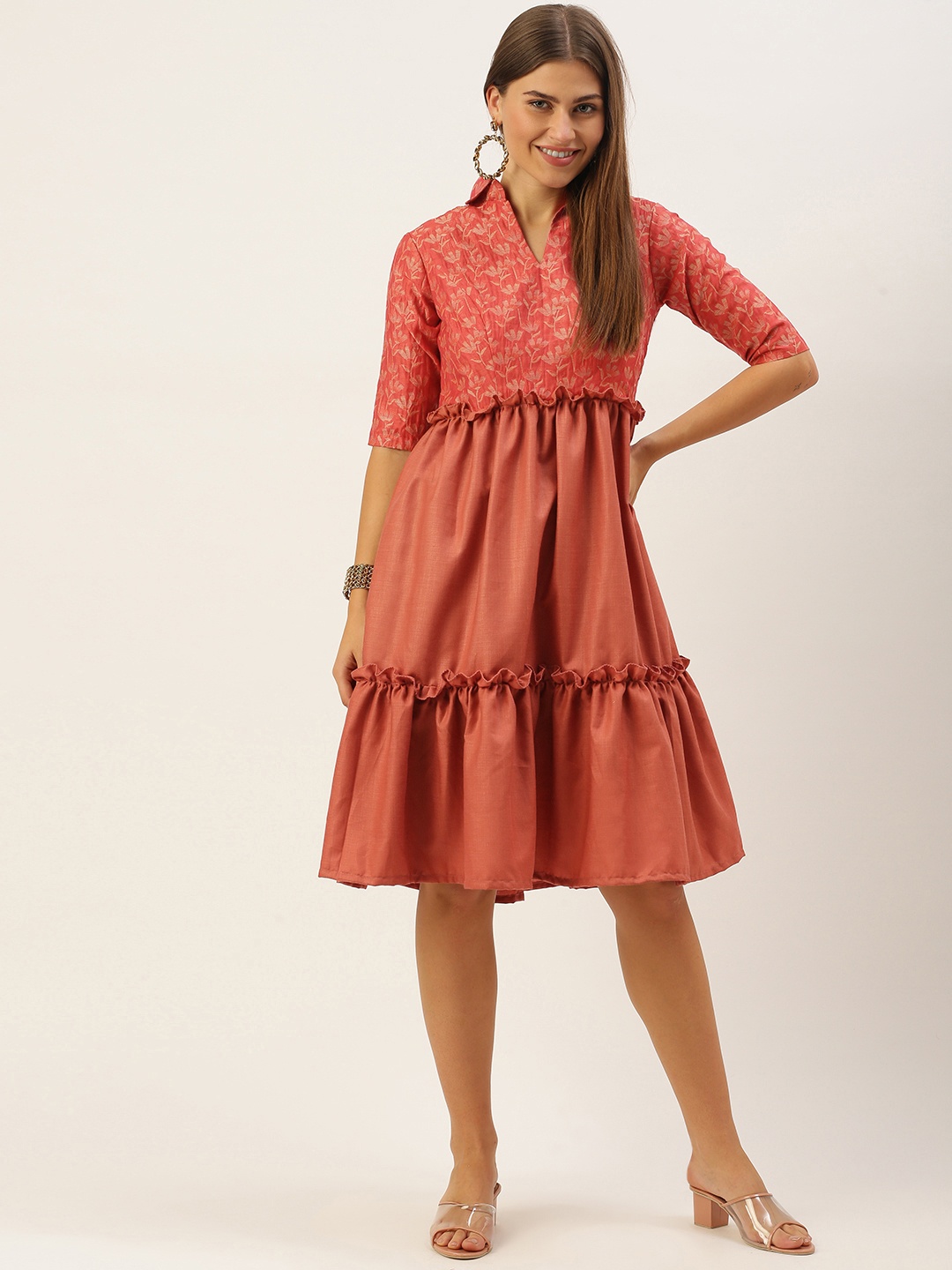 

Ethnovog Red Floral A-Line Dress