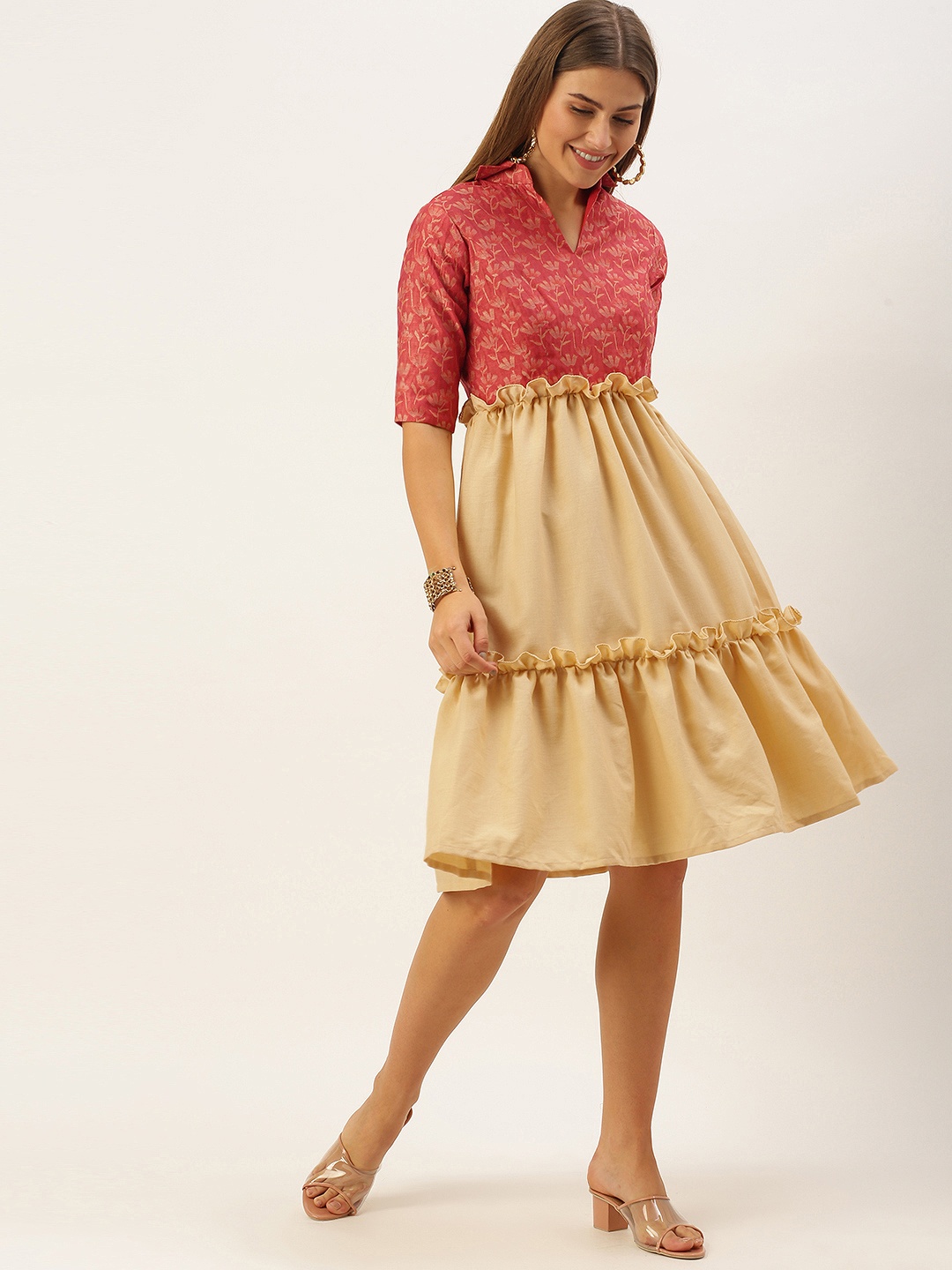 

Ethnovog Beige Fuchsia Floral A-Line Dress