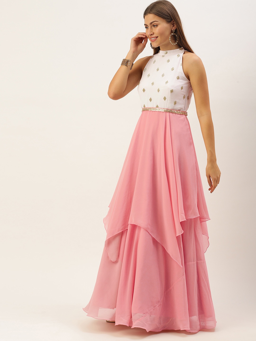 

Ethnovog Pink White Embroidered Georgette Maxi Dress