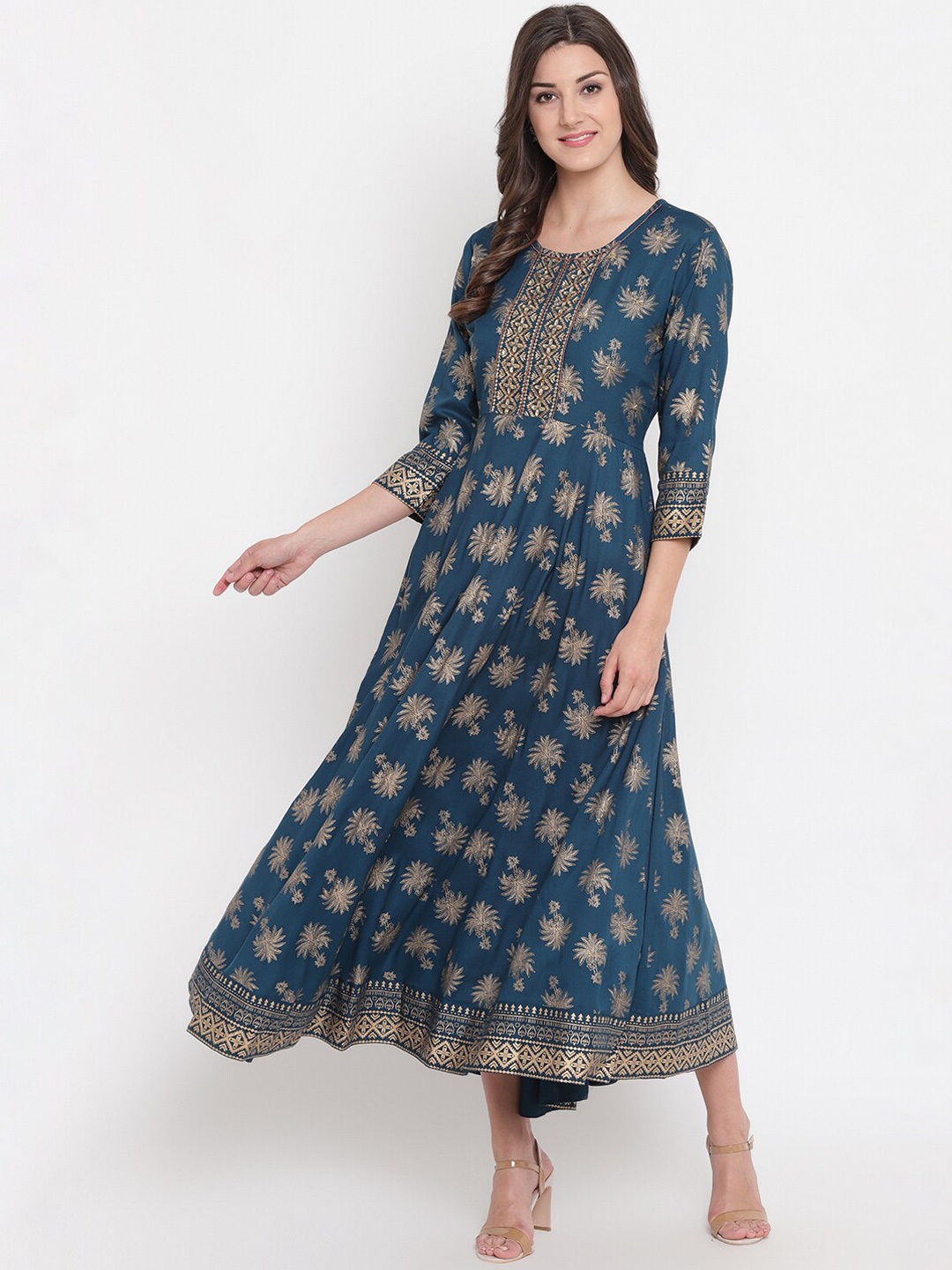 

Aawari Teal & Gold-Toned Ethnic Motifs Printed Maxi Dress