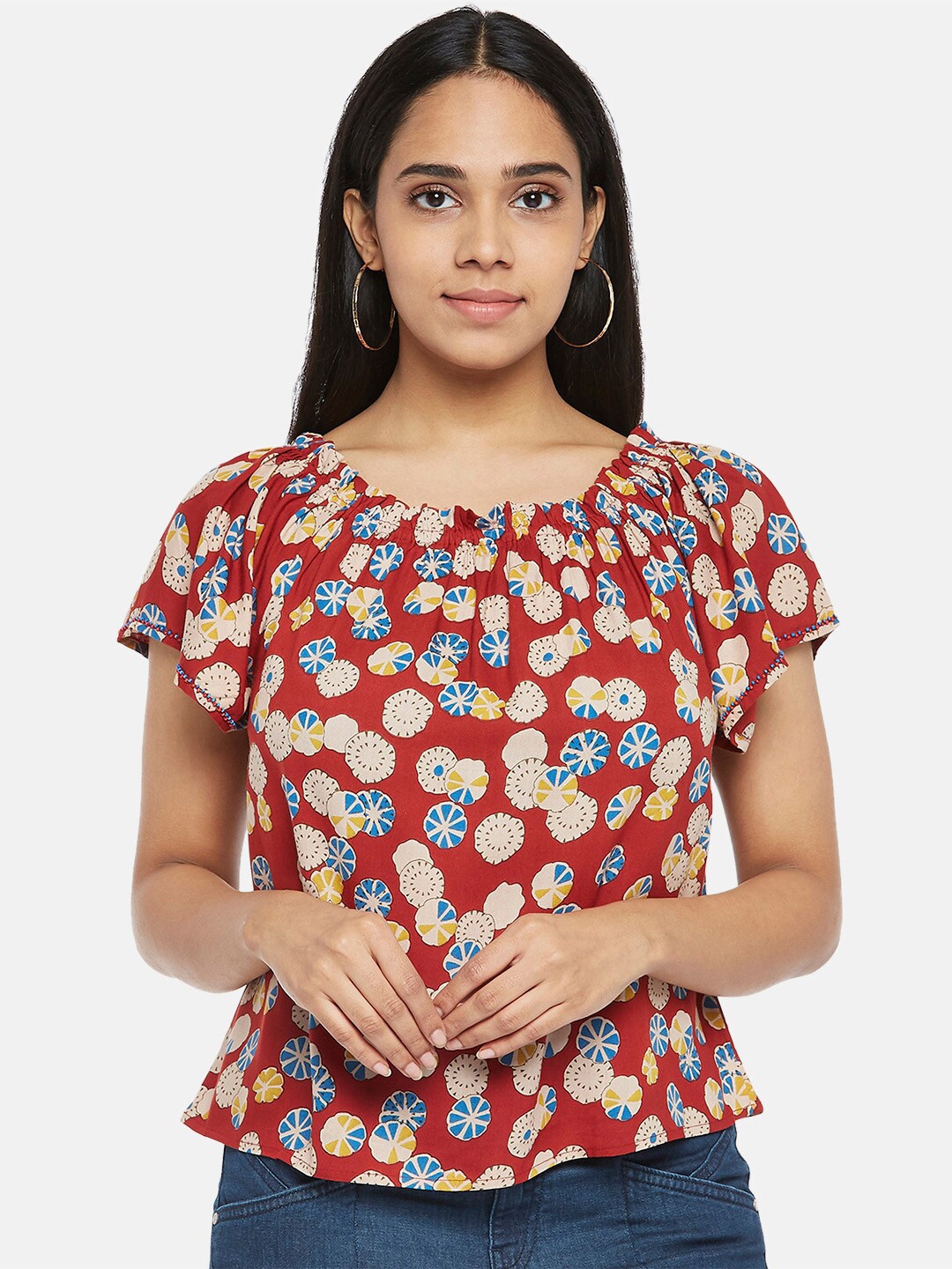 

People Red & Beige Floral Regular Top