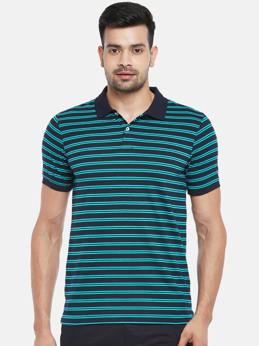 

BYFORD by Pantaloons Men Navy Blue & Green Striped Polo Collar Slim Fit T-shirt