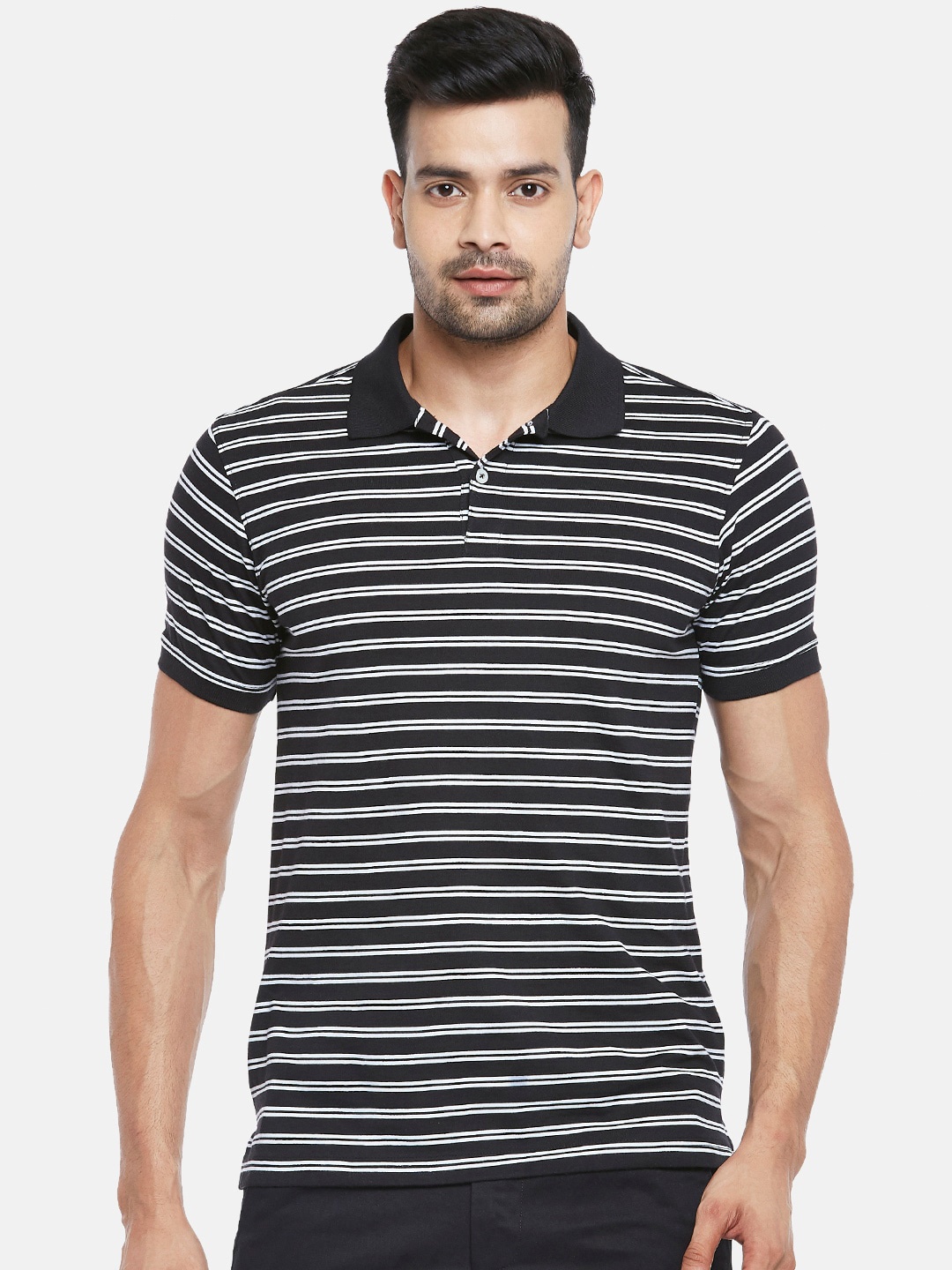 

BYFORD by Pantaloons Men Black & White Striped Polo Collar Slim Fit T-shirt