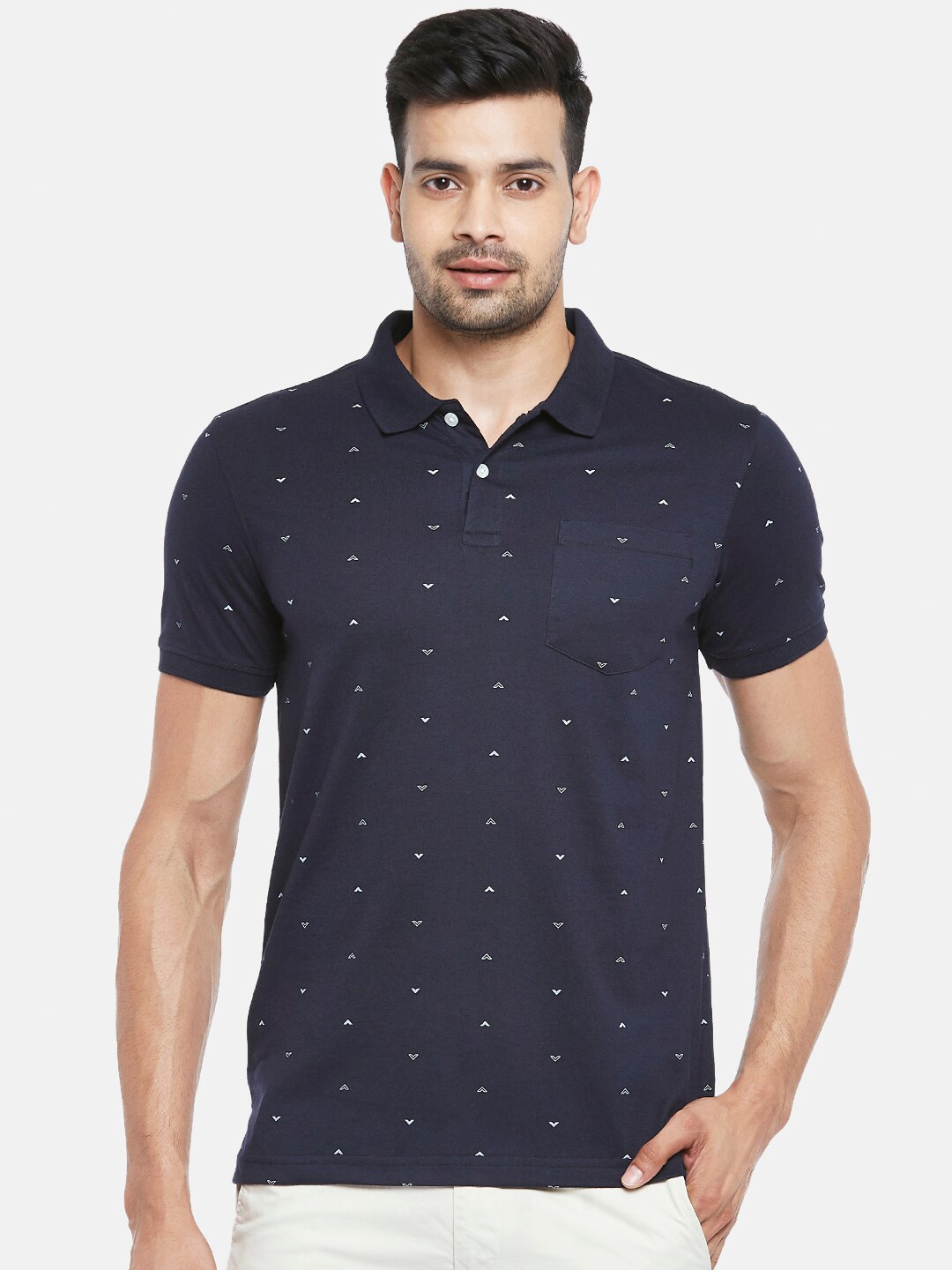 

BYFORD by Pantaloons Men Navy Blue Printed Polo Collar Slim Fit T-shirt