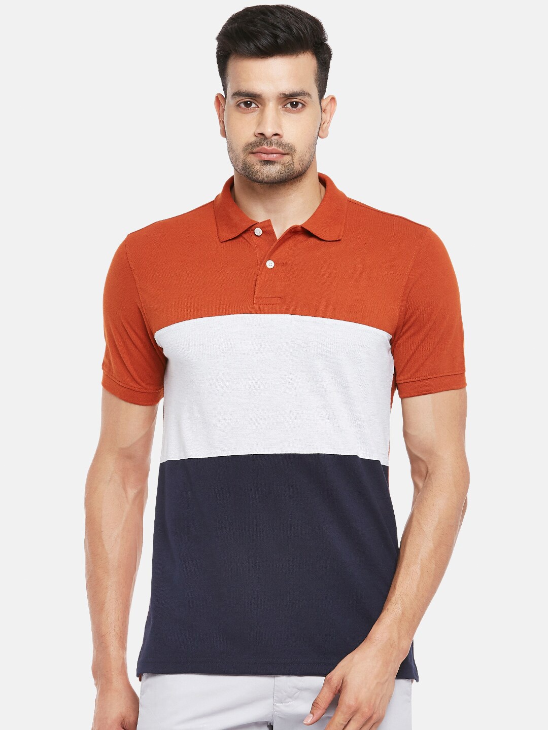 

BYFORD by Pantaloons Men Rust Brown & White Colourblocked Polo Collar Slim Fit T-shirt