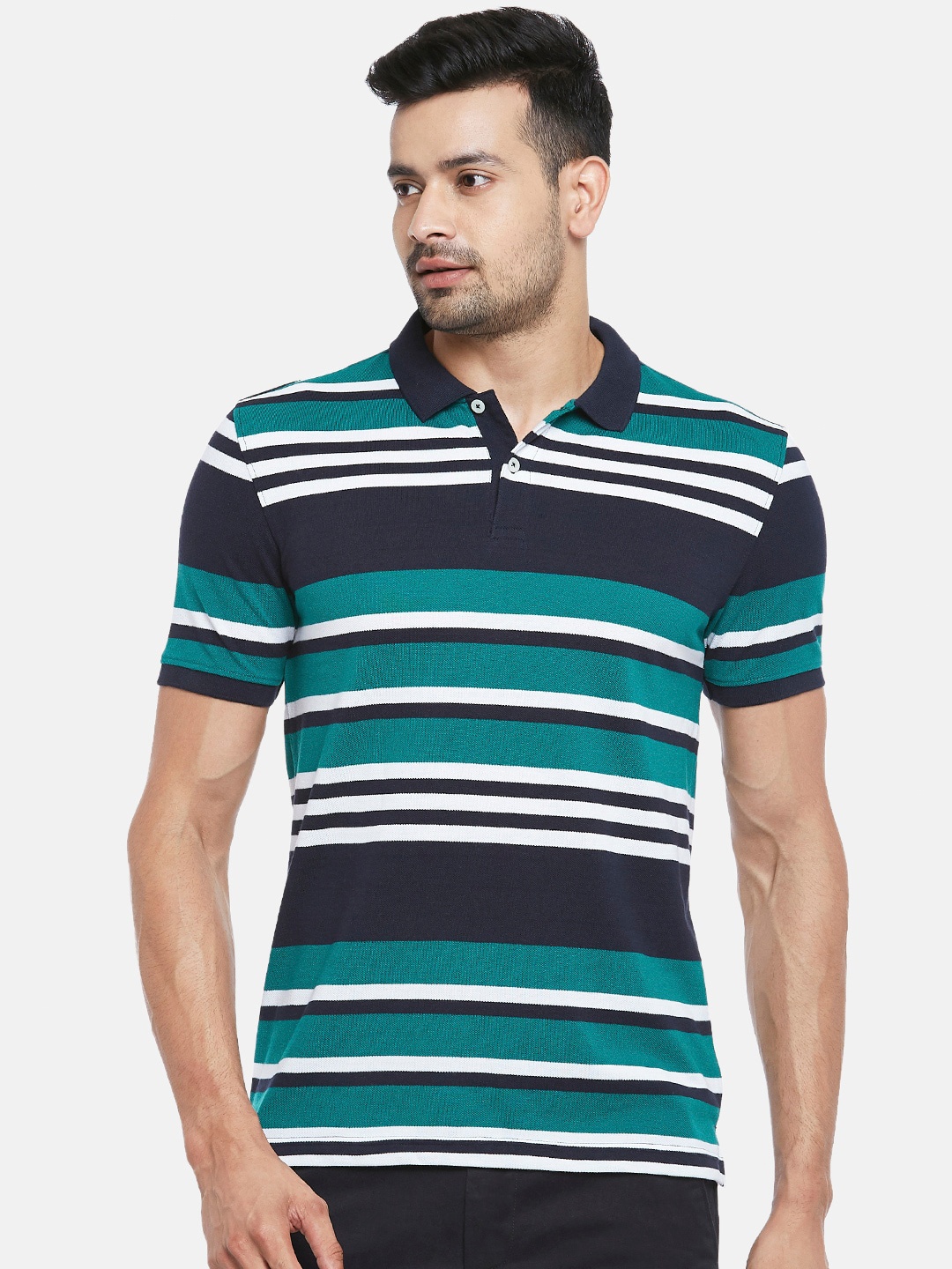 

BYFORD by Pantaloons Men Sea Green & White Striped Polo Collar Slim Fit T-shirt