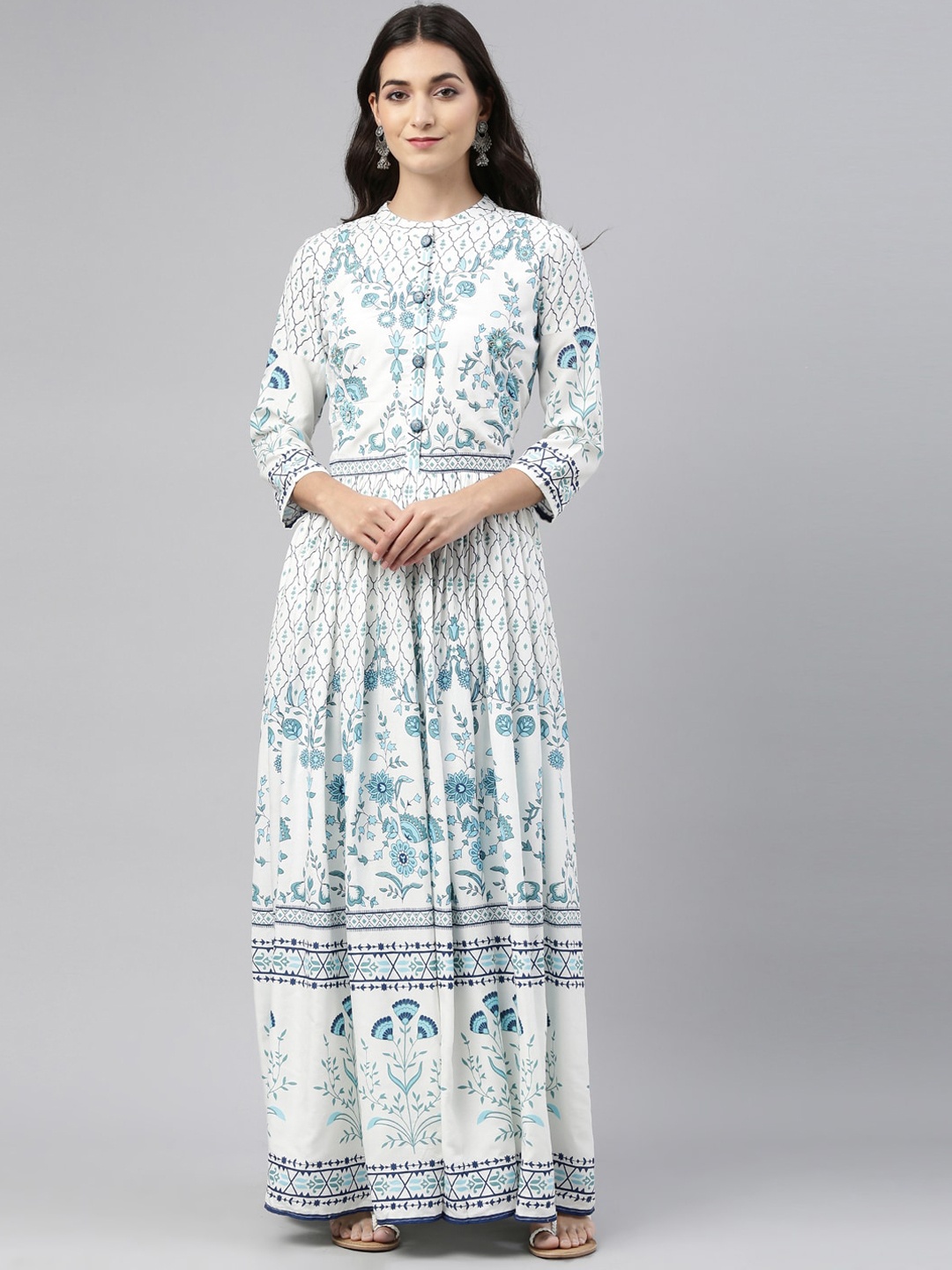 

Neerus Women White & Blue Floral Printed Mirror Work Anarkali Kurta