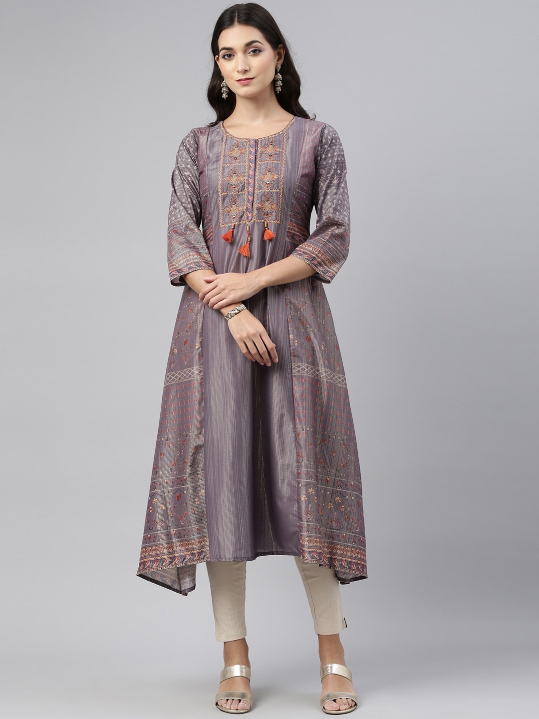 

Neerus Women Grey & Coral Ethnic Motifs Embroidered Kurta