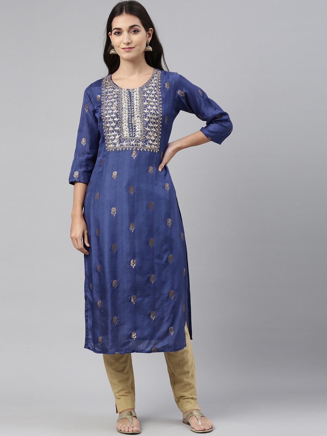 

Neerus Women Blue Floral Embroidered Kurta