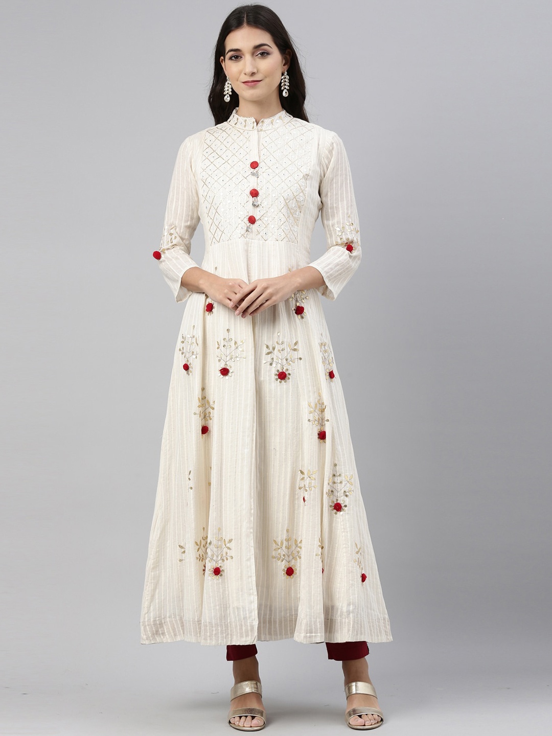 

Neerus Women Cream-Coloured & Red Embellished Anarkali Kurta