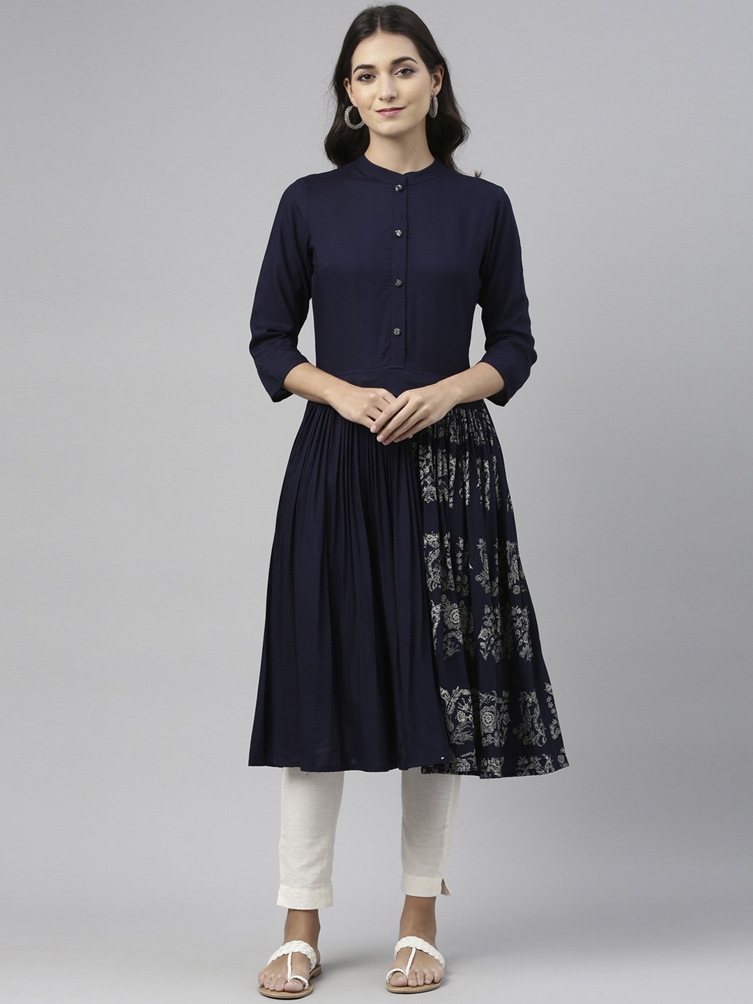 

Neerus Women Navy Blue Ethnic Motifs Printed Anarkali Kurta