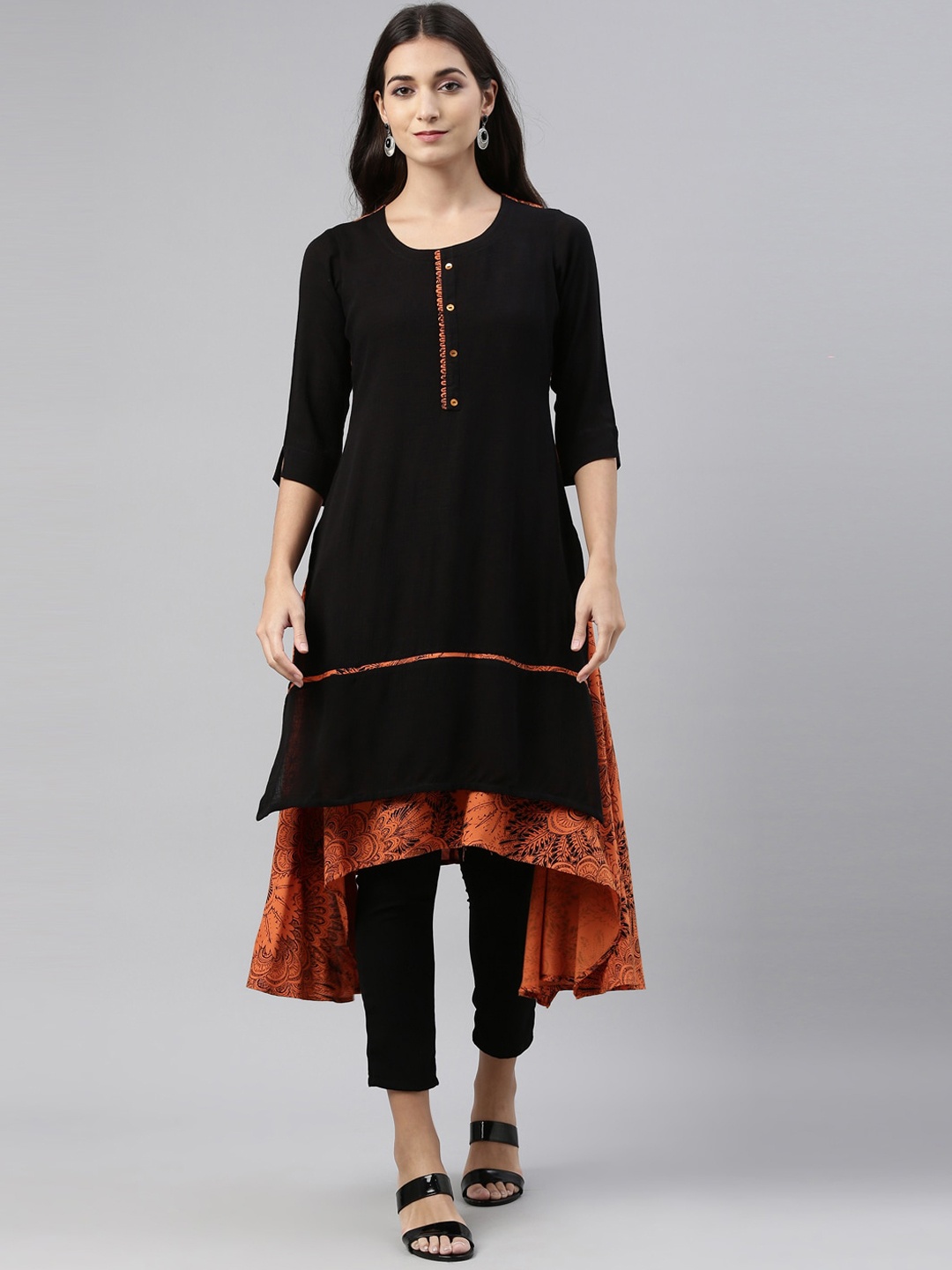 

Neerus Women Black & Orange Ethnic Motifs Printed Kurta