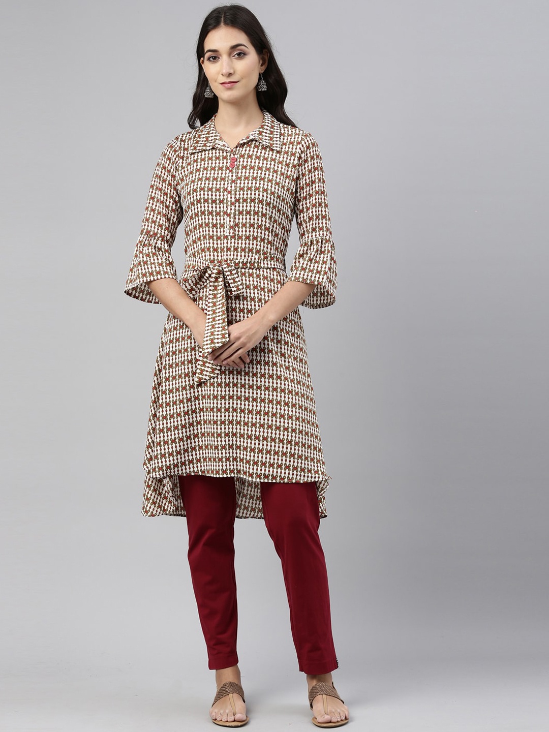 

Neerus Women Cream-Coloured & Maroon Ethnic Motifs Printed Kurta