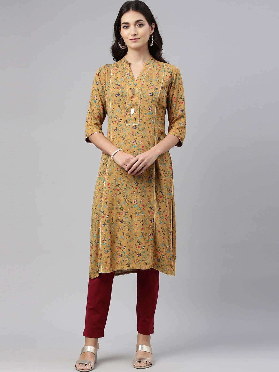 

Neerus Women Mustard Yellow & Blue Floral Printed Gotta Patti Kurta