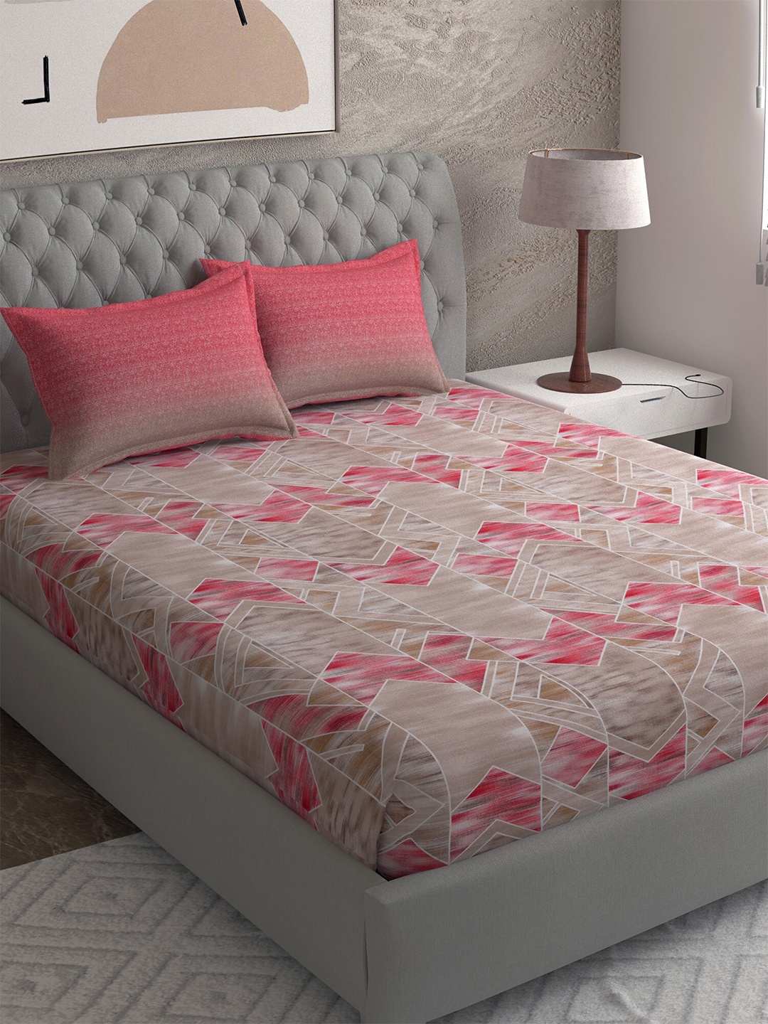 

EverHOME Brown & Pink Geometric 144 TC Queen Bedsheet with 2 Pillow Covers