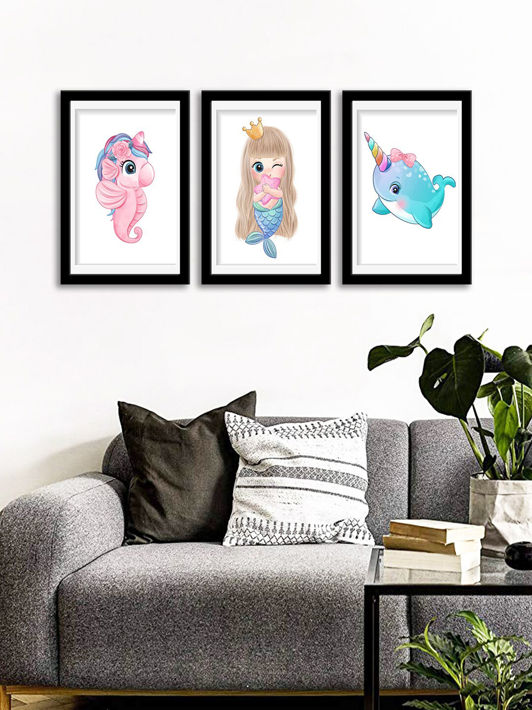 

WENS Set Of 3 Multicoloured Cute Mermaid Wall Art Paintings, Multi