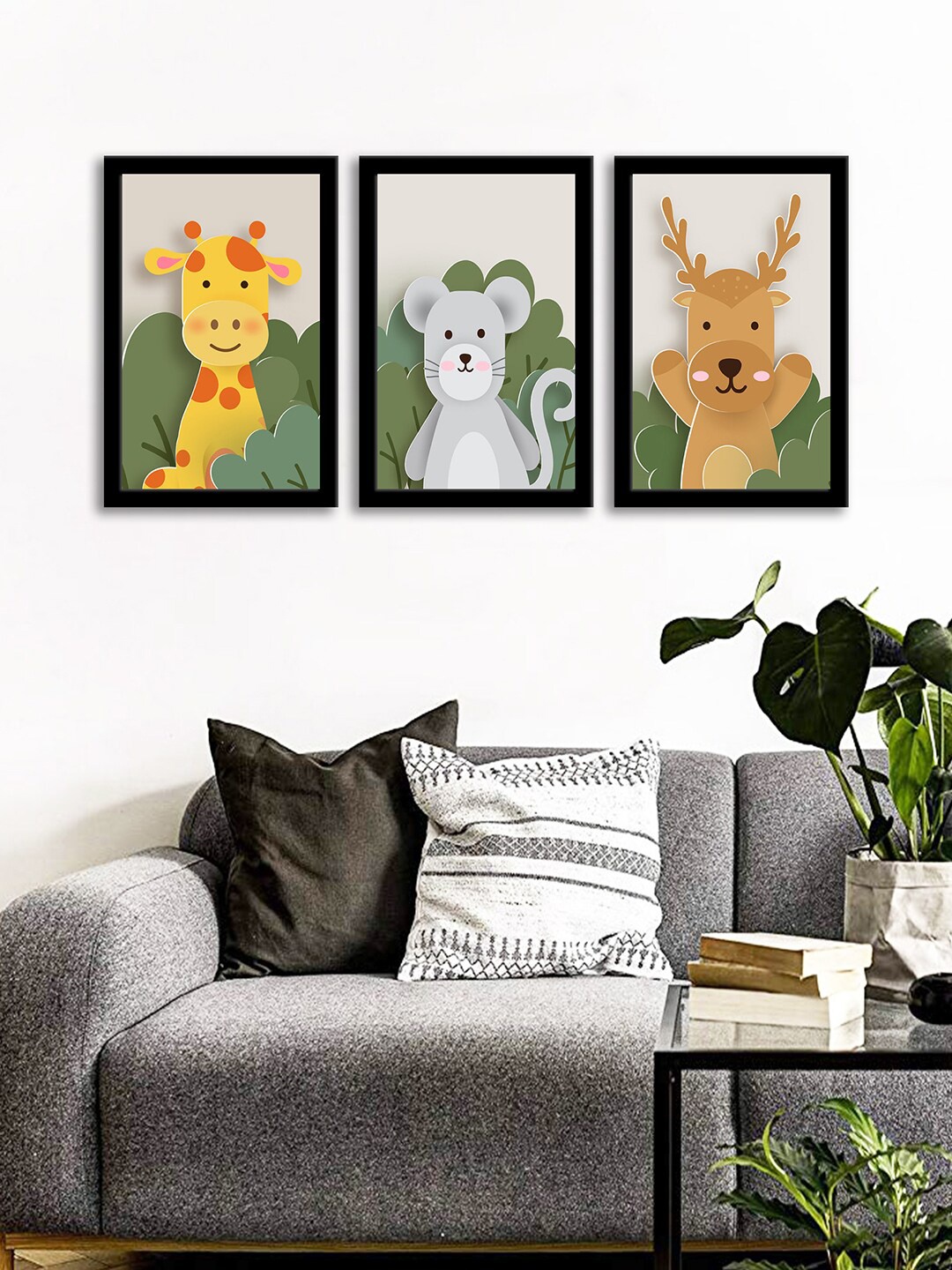 

WENS Set Of 3 Multicoloured Cute Animals Wall Art Paintings, Multi