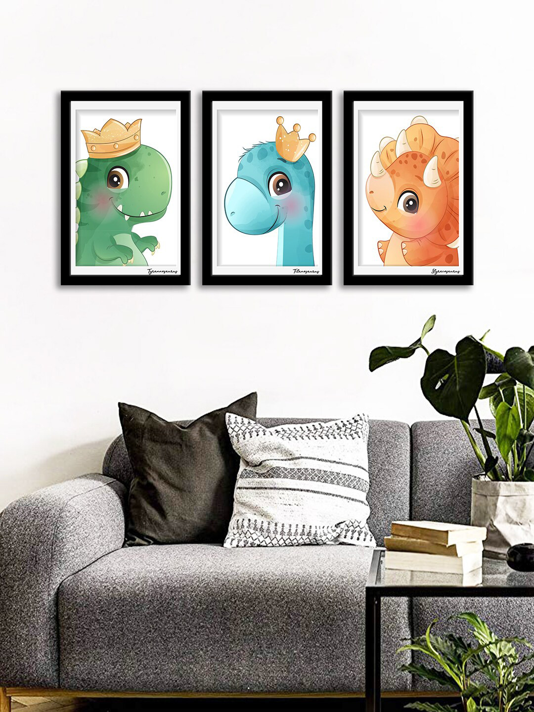 

WENS Set Of 3 Multicoloured Cute Dino Gang Wall Art Paintings, Multi