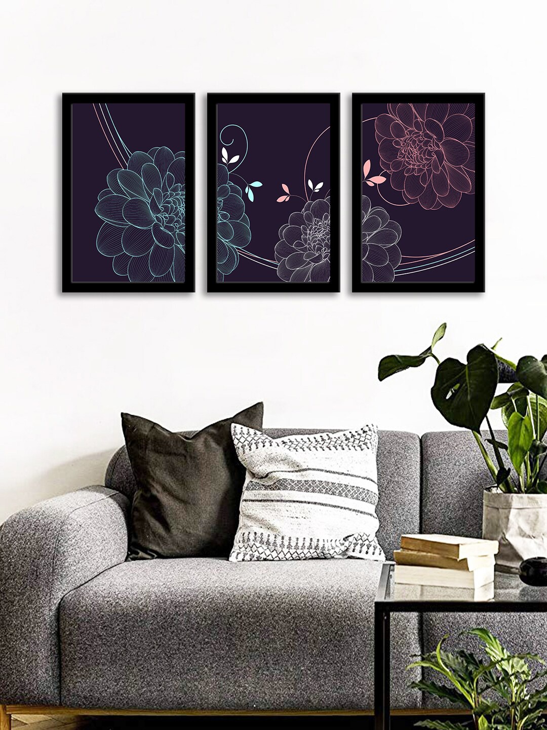 

WENS Set Of 3 Navy Blue Flowers of Dahlias Wall Art Paintings