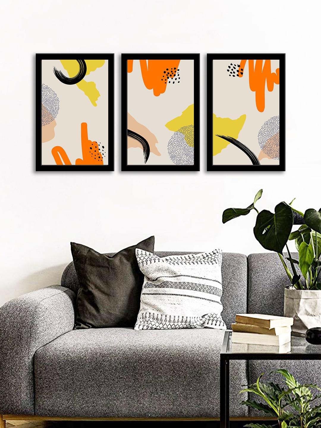 

WENS Set Of 3 Orange & Yellow Abstract Retro Wall Art Paintings