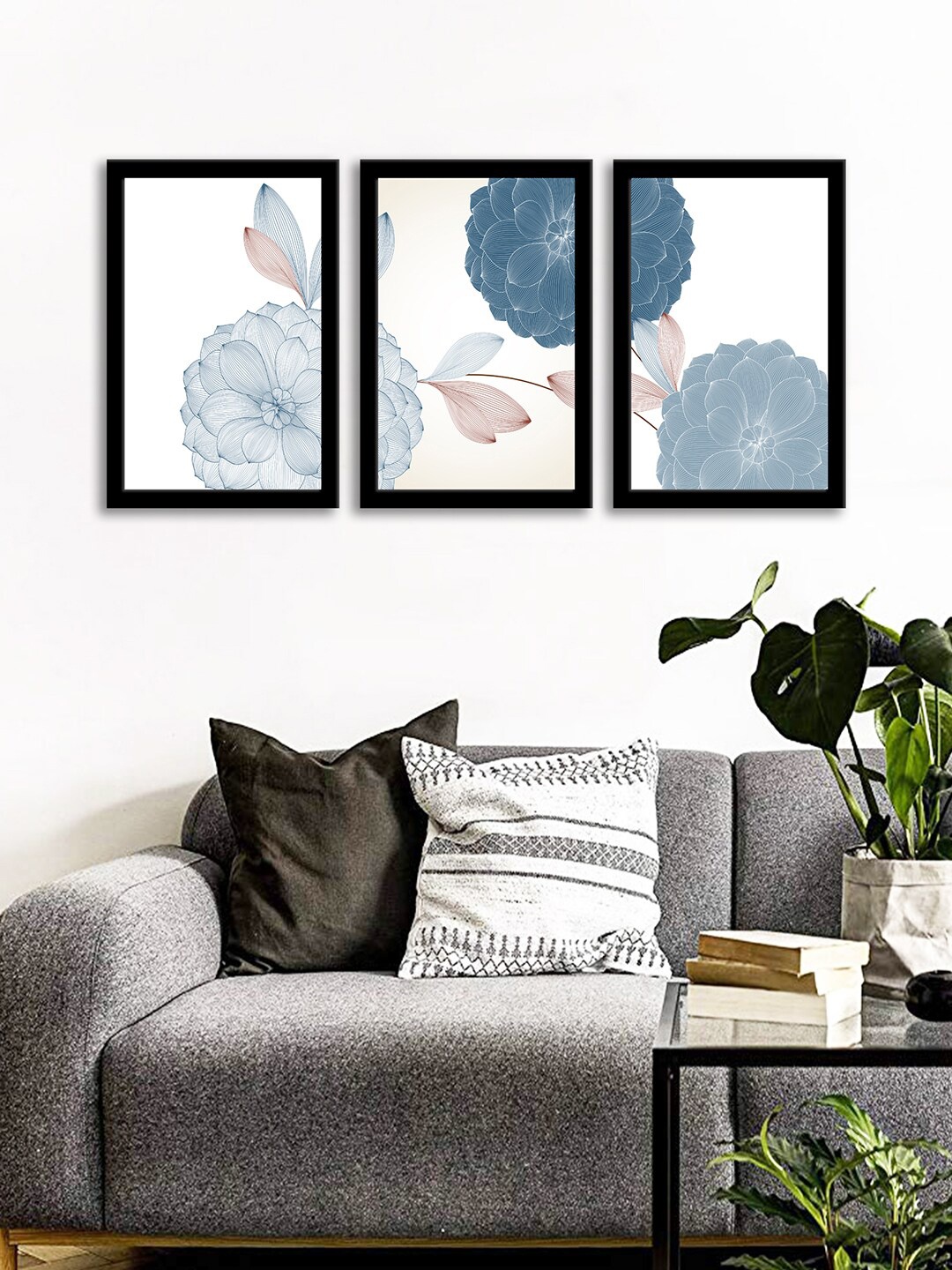 

WENS Set Of 3 White & Blue Flowers of Dahlias Wall Art Paintings