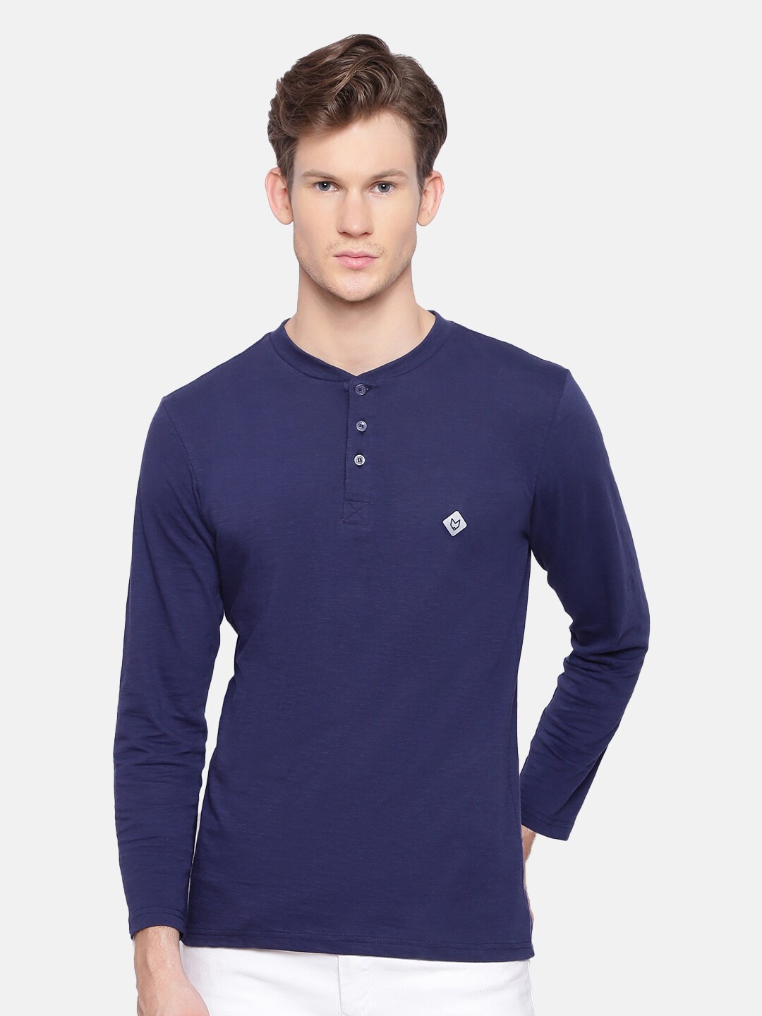 

Almo Wear Men Navy Blue Pure Cotton Slub Henley Neck T-shirt