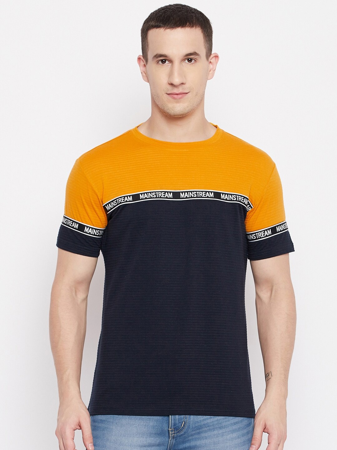 

QUBIC Men Mustard Yellow & Black Colourblocked T-shirt