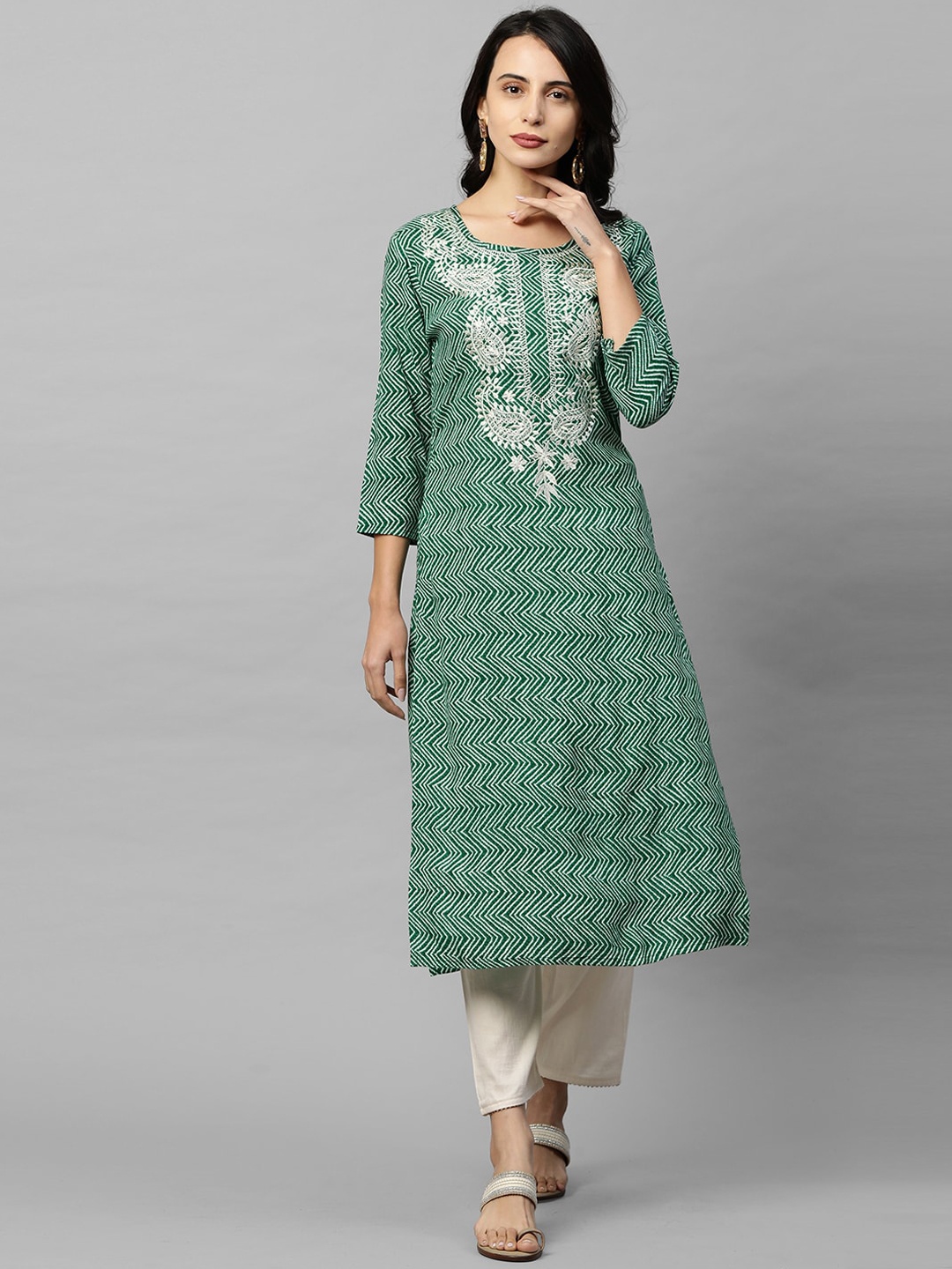 

FASHOR Women Green Chevron Printed & Embroidered Kurta