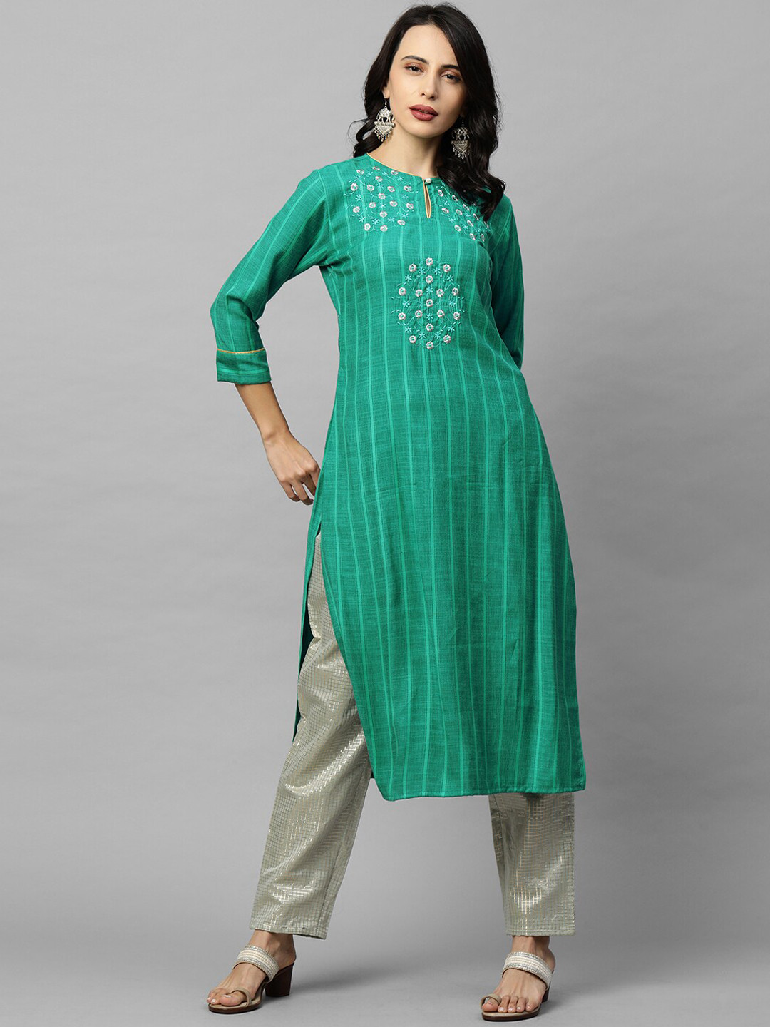 

FASHOR Women Sea Green Striped & Embroidered Kurta